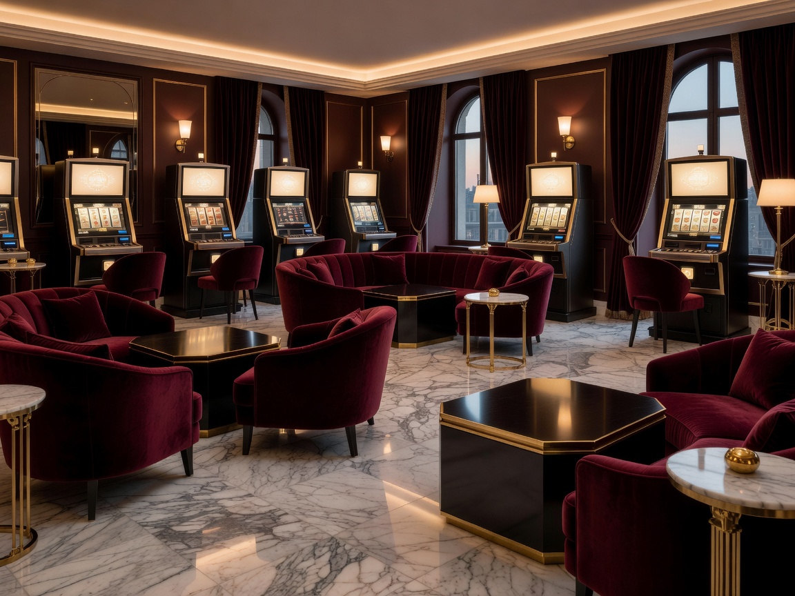 An exclusive members gaming salon with velvet furnishings, gold accents, marble floors, premium slot machines, and sophisticated ambient lighting