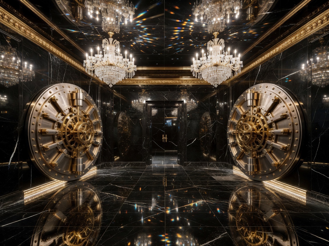 A magnificent luxury casino vault featuring enormous circular vault doors, polished black marble, gold mechanical details, crystal lighting, and elegant architectural symmetry