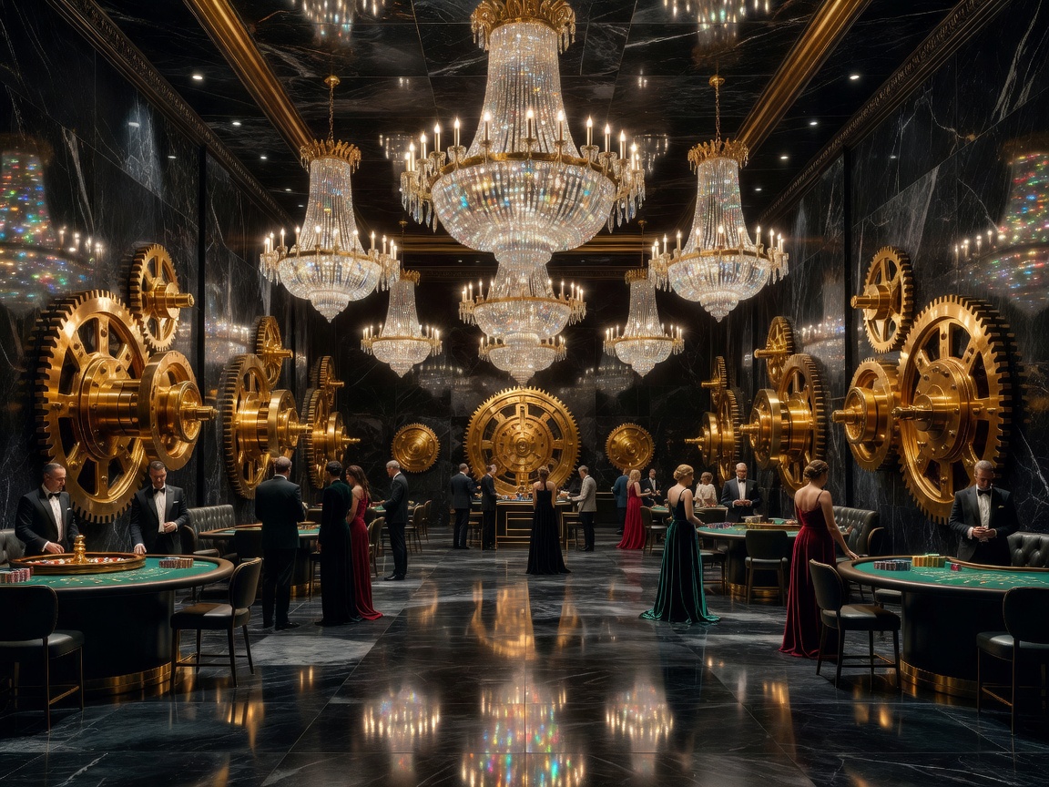 A panoramic grand hall inside a luxury casino vault with black marble walls, golden vault mechanisms, crystal chandeliers, polished floors, and premium casino atmosphere