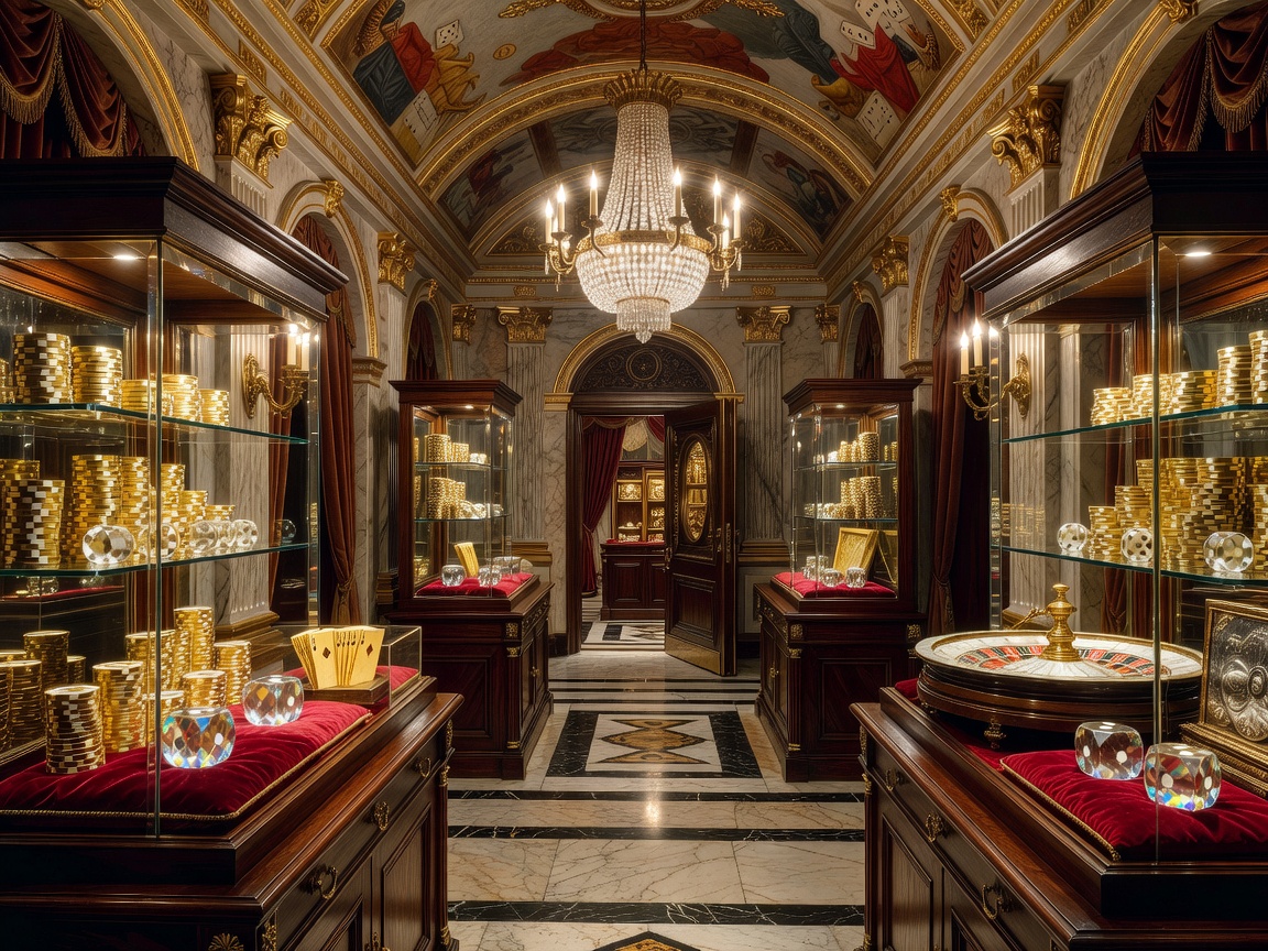 A luxurious treasure chamber displaying golden casino chips, crystal dice, vintage gaming artifacts, elegant display cabinets, and refined architectural details